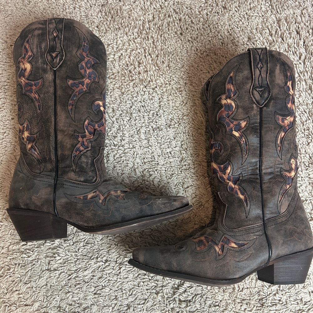 Laredo Western Leopard Inlay Brown Leather Cowboy Boots Womens Sz 7 M # 52130